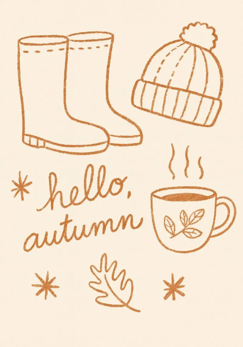 Ciao autunno - Illustrazione di stivali e berretto poster con telaio in plastica da vintagepod