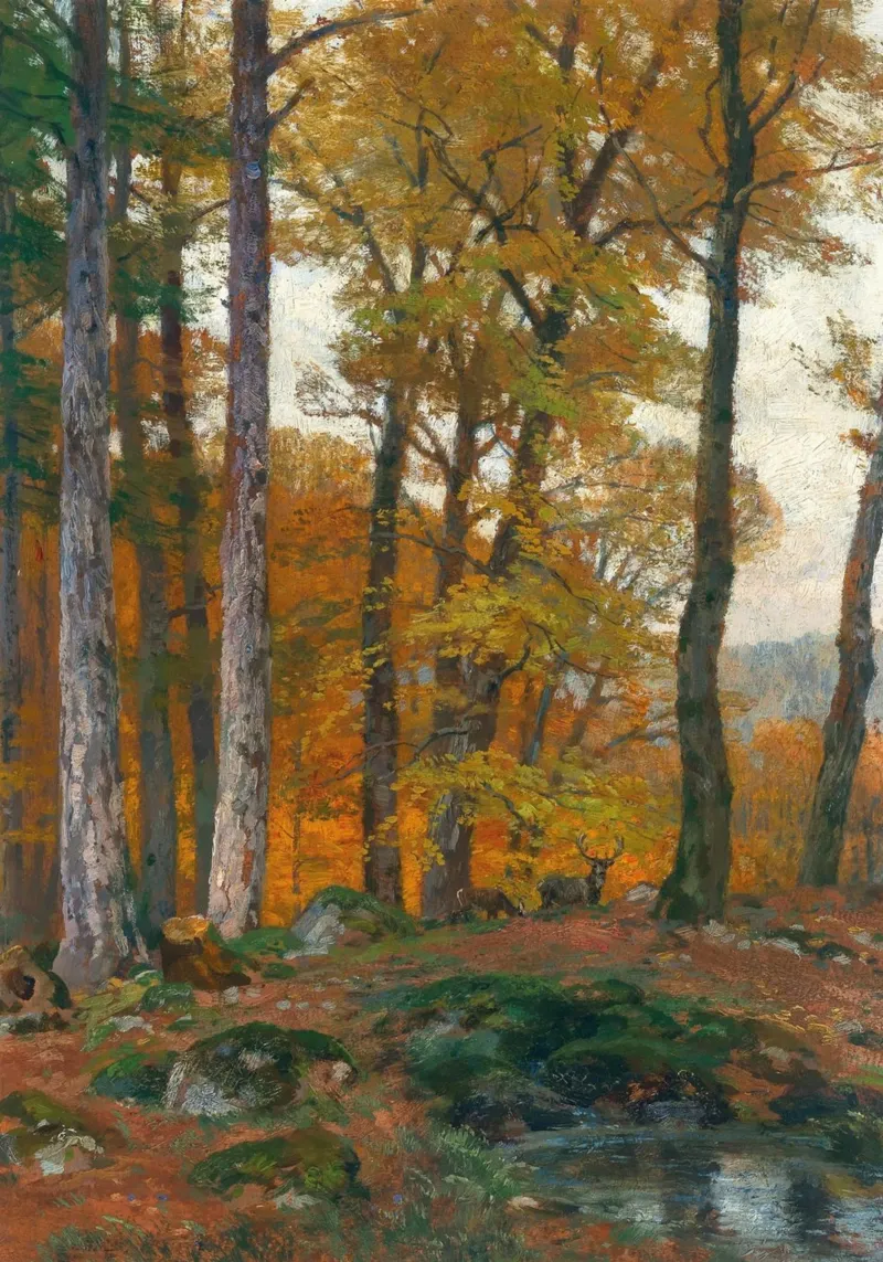 Foresta d'autunno con cervi Paesaggio d'epoca poster con telaio in alluminio da vintagepod