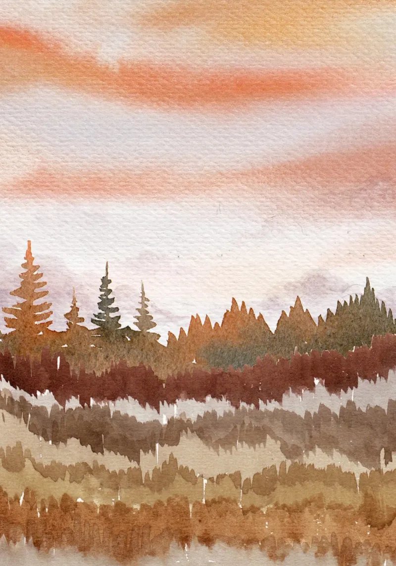 Abstract Bos Aquarel - Warme Zonsondergang Landschap Print canvas met Baklijst van vintagepod