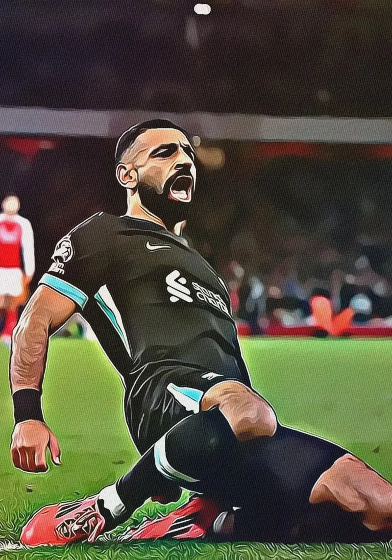 Poster di Mohamed Salah che festeggia il Liverpool con una scivolata al ginocchio tela con Cornice a cassetta da ArdanART