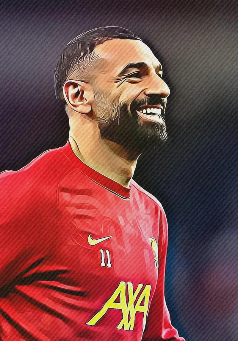 Ritratto sorridente di Mohamed Salah Poster Liverpool tela con Cornice a cassetta da ArdanART