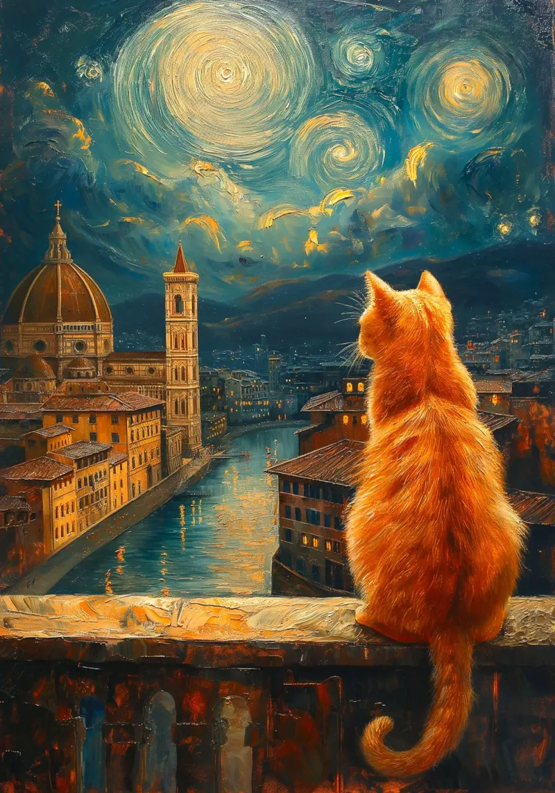 Gatto di Firenze Notte stellata tela con Cornice a cassetta da Stellar Creative