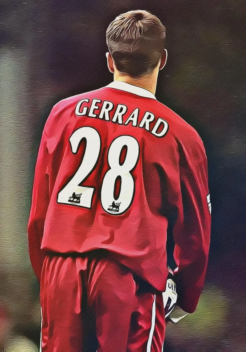Poster con vista posteriore di Steven Gerrard numero 28 del Liverpool poster con telaio in alluminio da ArdanART