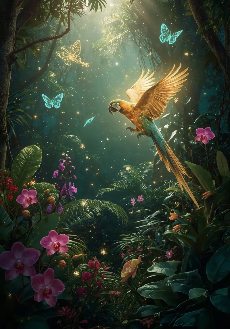 Parrot In Fantasy Jungle poster con telaio in alluminio da nabakumov