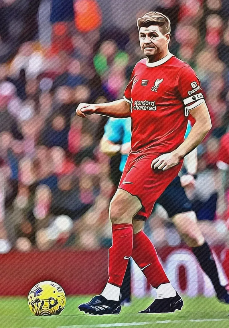 Poster di Steven Gerrard capitano del Liverpool in posa di dribbling poster con telaio in alluminio da ArdanART