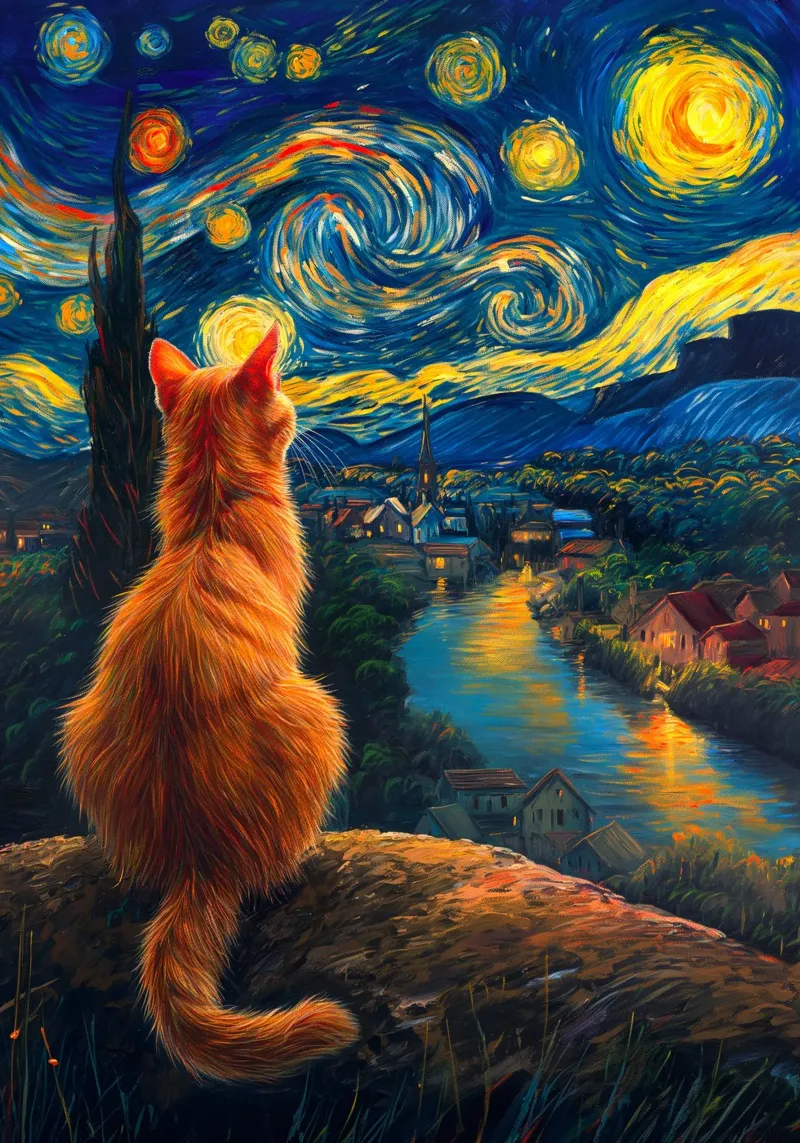 Gatto di Firenze Notte stellata poster con telaio in alluminio da Fleur de Lys