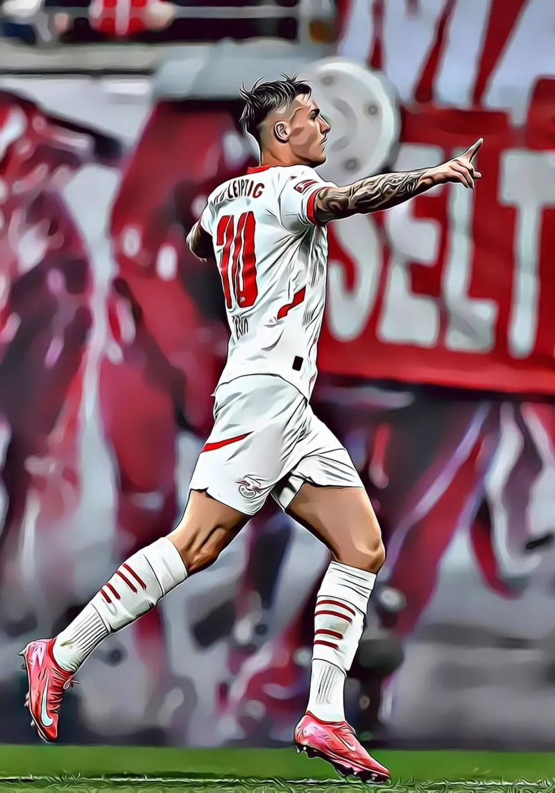 Benjamin Sesko - Poster d'azione per la celebrazione dell'RB Leipzig poster con telaio in plastica da ArdanART