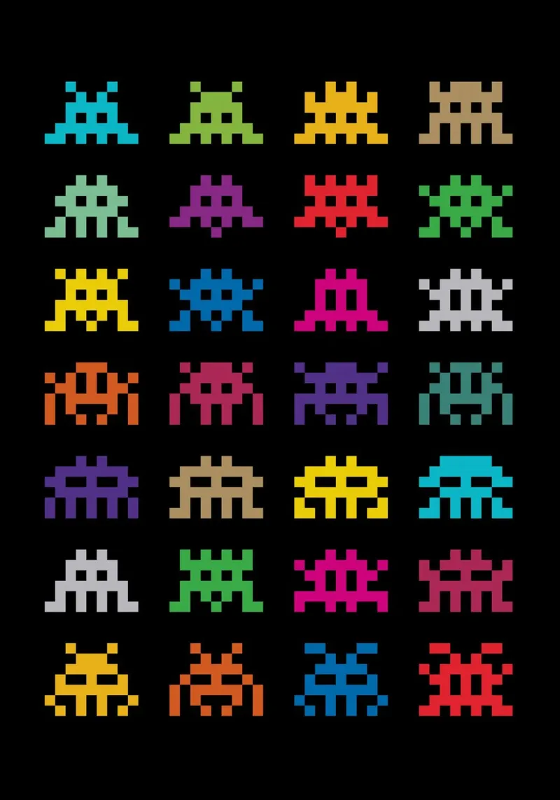 Pixel Space Invaders poster con telaio in alluminio da nabakumov