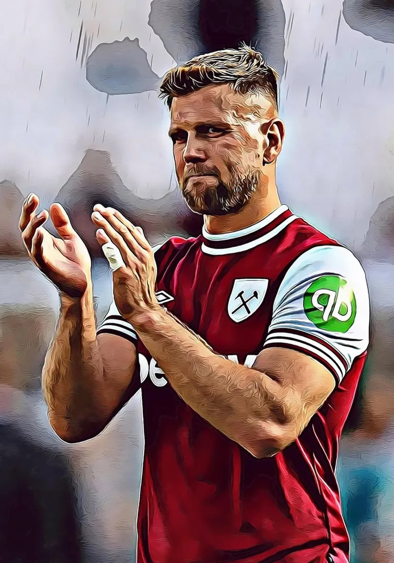 Niclas Füllkrug applaude la celebrazione della maglia del West Ham tela con Cornice a cassetta da ArdanART