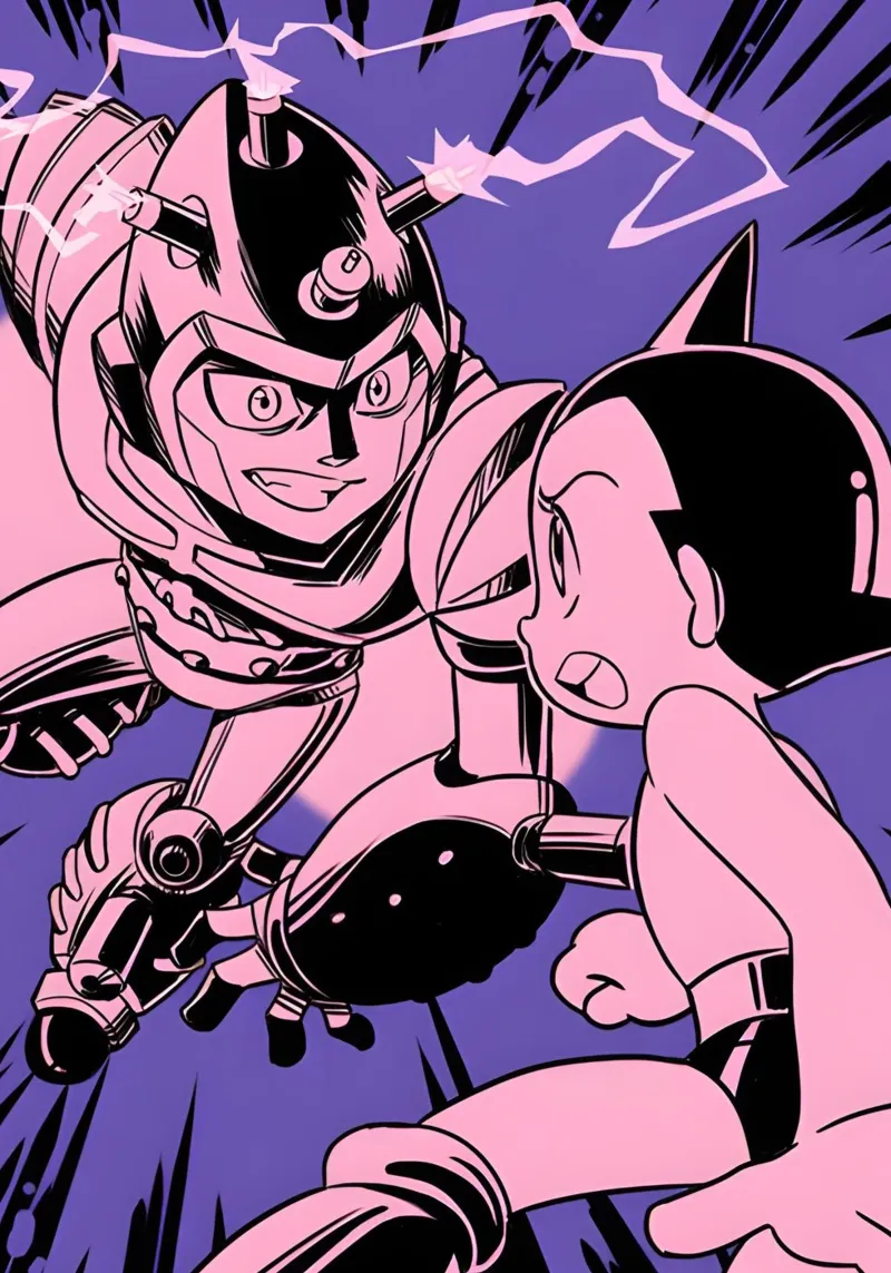 battle scene Astro boy poster con telaio in legno da Low poly art
