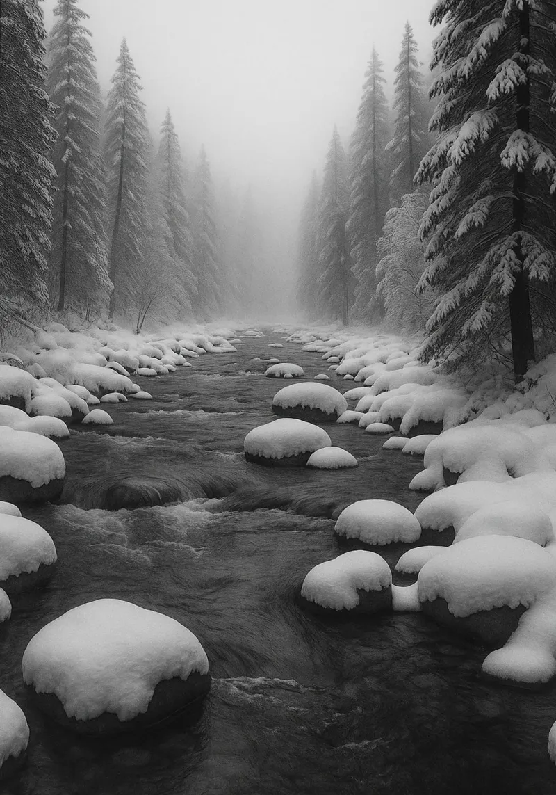 fiume innevato fotografia in bianco e nero tela con Cornice a cassetta da roosses