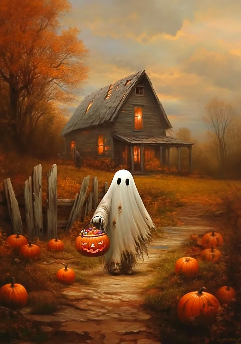 Halloween Gespenst Süßes oder Saures Leinwand mit Schattenfugenrahmen von Fleur de Lys