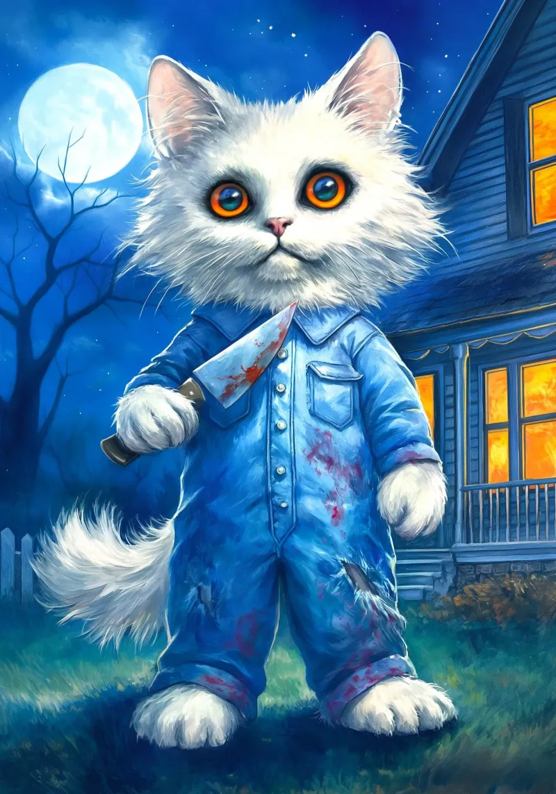 Gatto di Halloween Michael Myers con coltello carta hahnemühle da Fleur de Lys