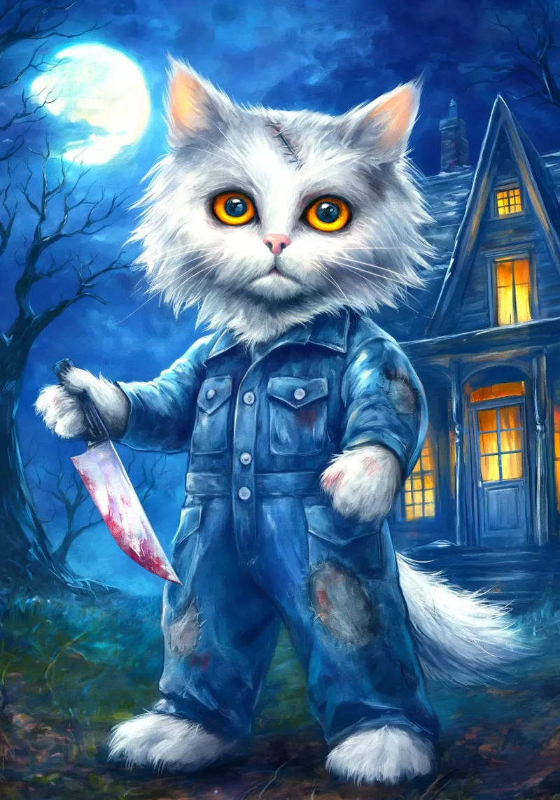 Gatto di Halloween Michael Myers con coltello carta hahnemühle da Fleur de Lys