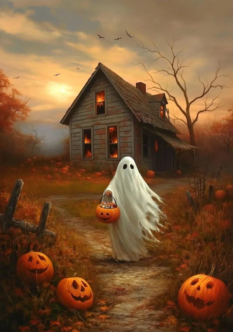 Halloween Gespenst Süßes oder Saures Leinwand mit Schattenfugenrahmen von Stellar Creative
