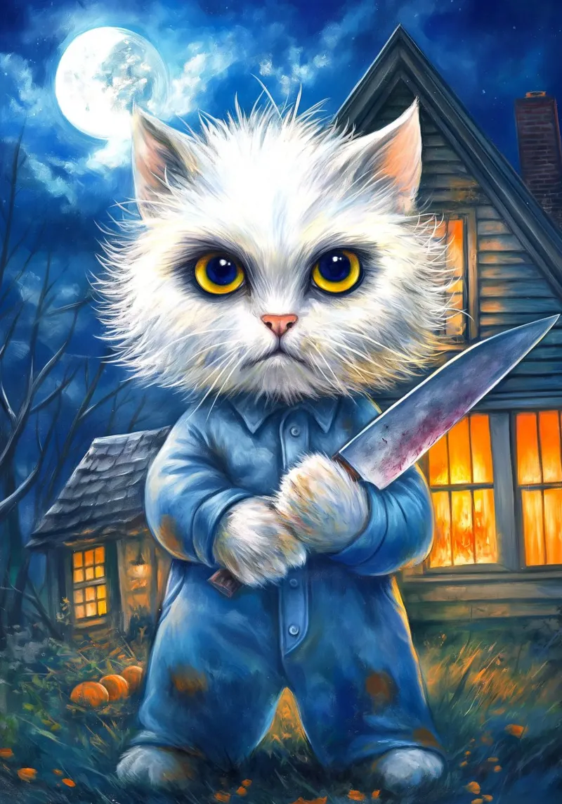 Gatto di Halloween Michael Myers con coltello carta hahnemühle da Stellar Creative