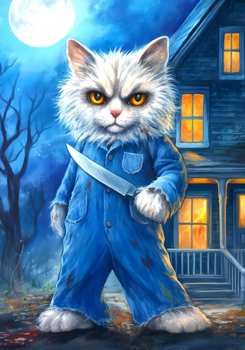 Gatto di Halloween Michael Myers con coltello carta hahnemühle da Stellar Creative
