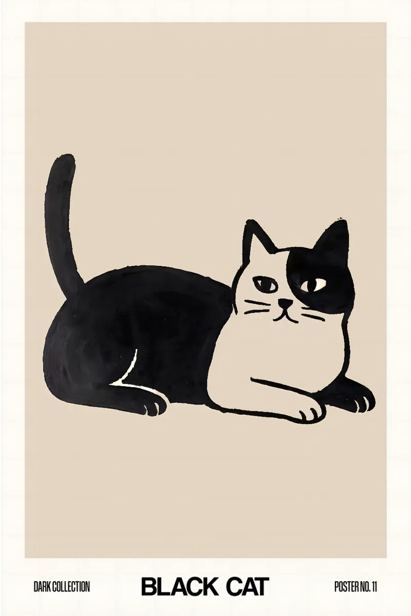 Black Cat Poster – Minimalistisches Katzenmotiv in Schwarz Leinwand mit Schattenfugenrahmen von Studio Sori