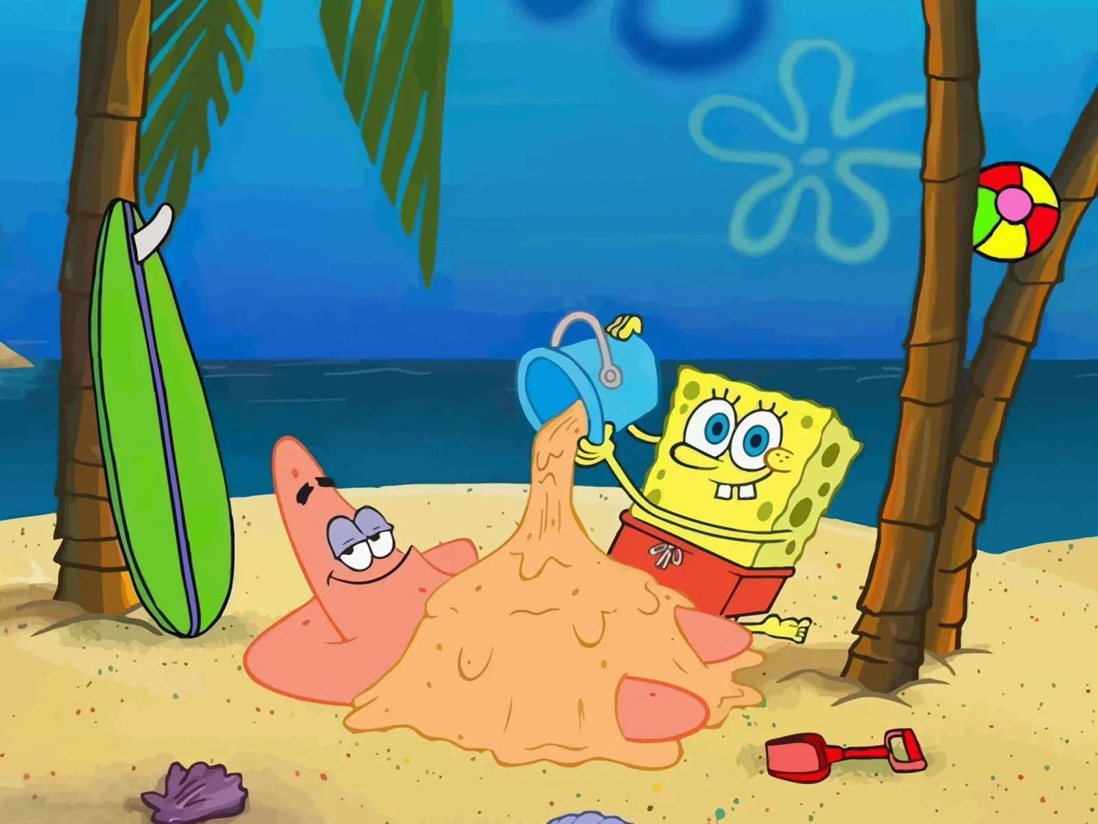 SpongeBob and Patrick playing in the sand on the beach Leinwand mit Schattenfugenrahmen von Dumery Art