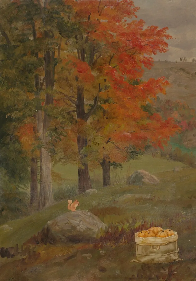 Autumn Landscape with Squirrel and Apples Painting canvas with Floater frame by vintagepod