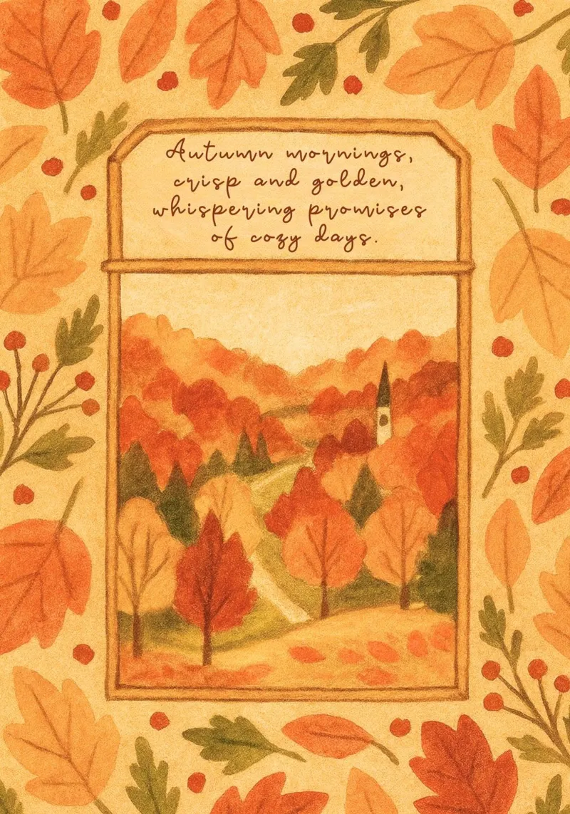 Cozy Autumn Morning Landscape with Leaf Frame canvas with Floater frame by vintagepod