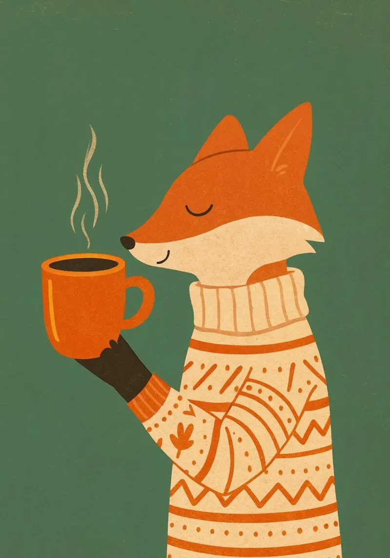 Cozy Fox with Hot Coffee Sweater Art Print canvas with Floater frame by vintagepod