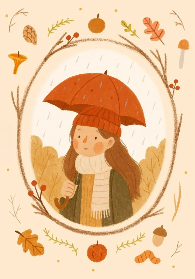 Cute Girl with Umbrella Fall Rain Art Print canvas with Floater frame by vintagepod