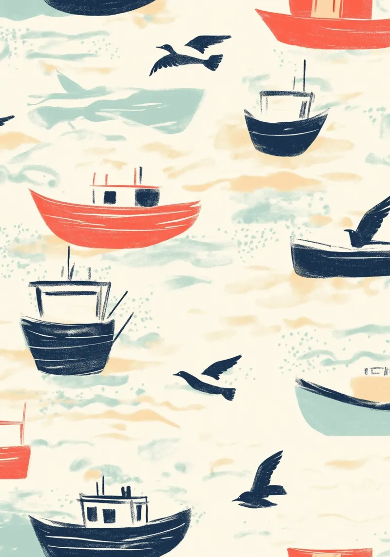 Kustvissersboten en zeemeeuwen Patroon Print poster van dawnthesea