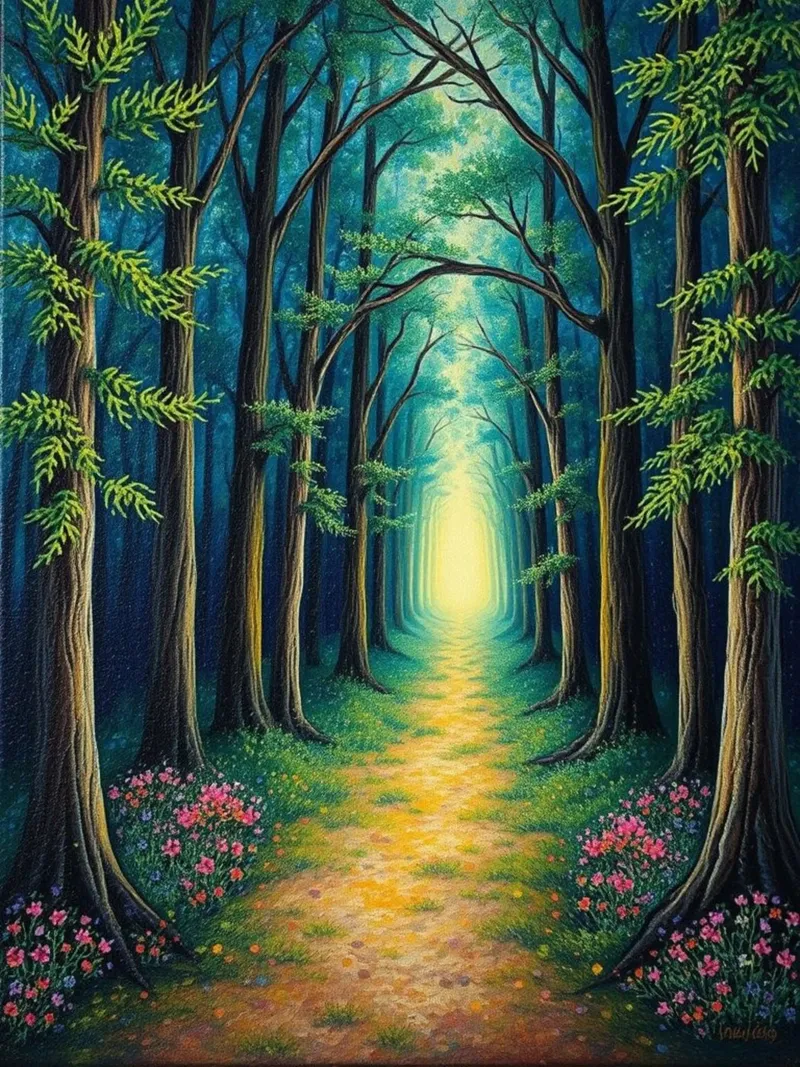 Il sentiero della foresta incantata: Un viaggio sereno in una foresta luminosa e magica. tela con Cornice a cassetta da Artistic-shop