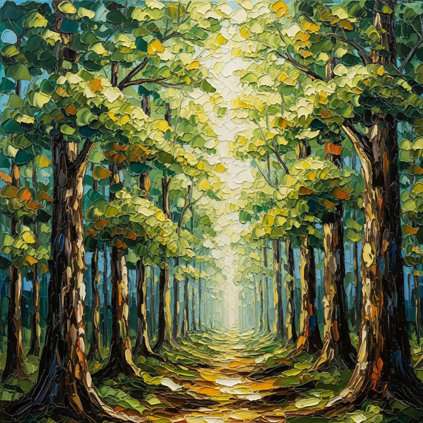 Il sentiero bagnato dal sole: Pittura a olio a coltello con texture tela con Cornice a cassetta da Artistic-shop