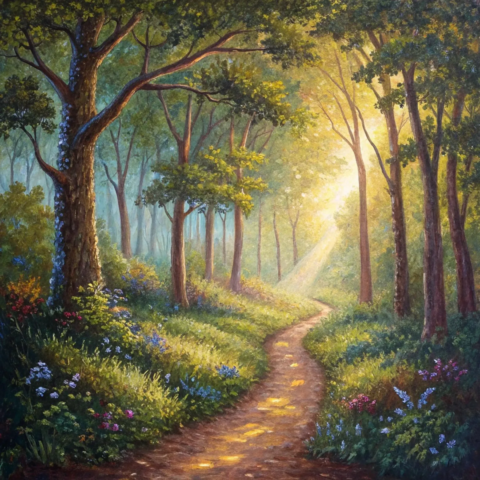 Sentiero forestale illuminato dal sole tela con Cornice a cassetta da Artistic-shop