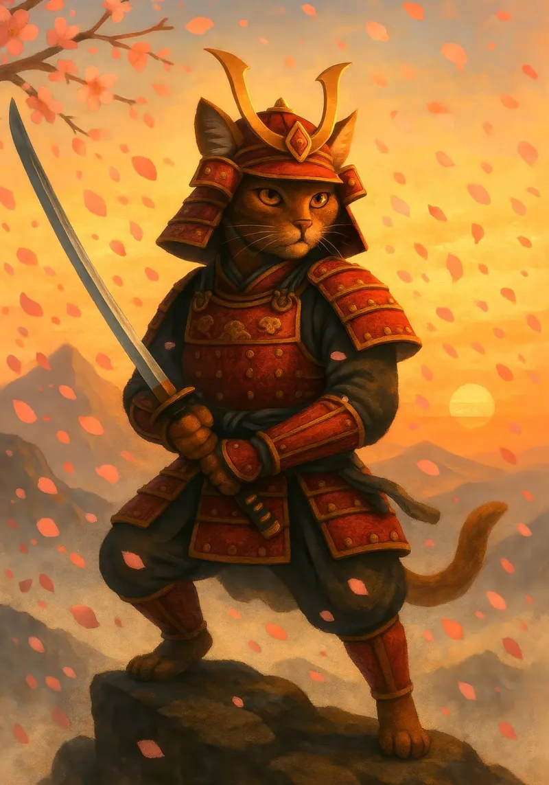 Gatto samurai in una tempesta di fiori di ciliegio poster con telaio in alluminio da pixelbull - medieval art and more