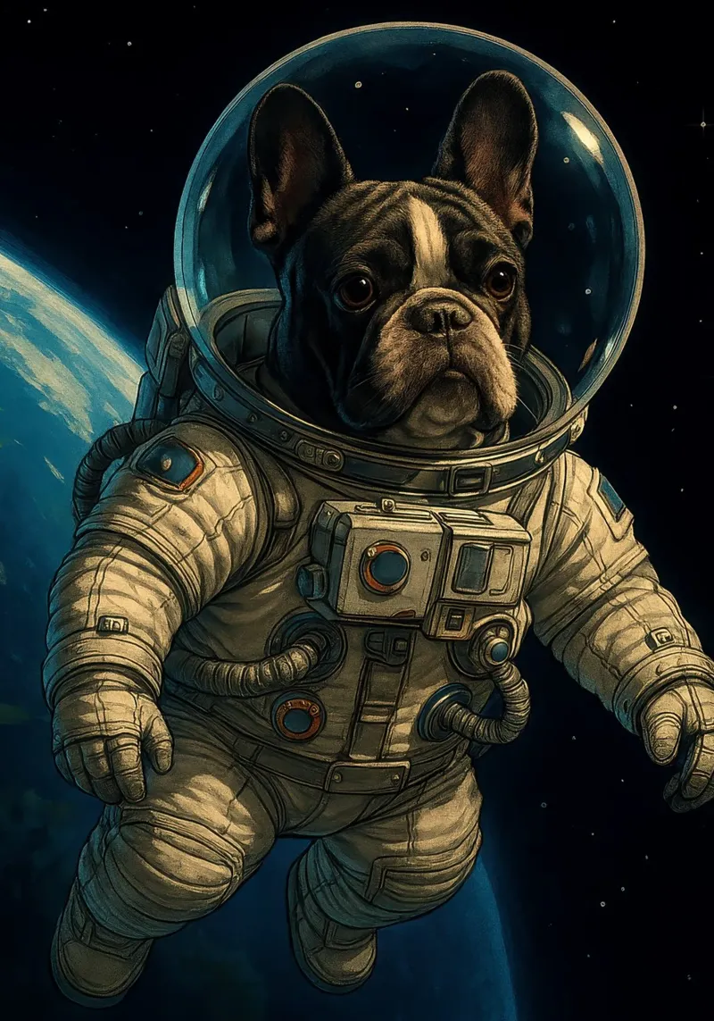 Bulldog francés como astronauta en el espacio lienzo con Marco flotante de pixelbull - medieval art and more