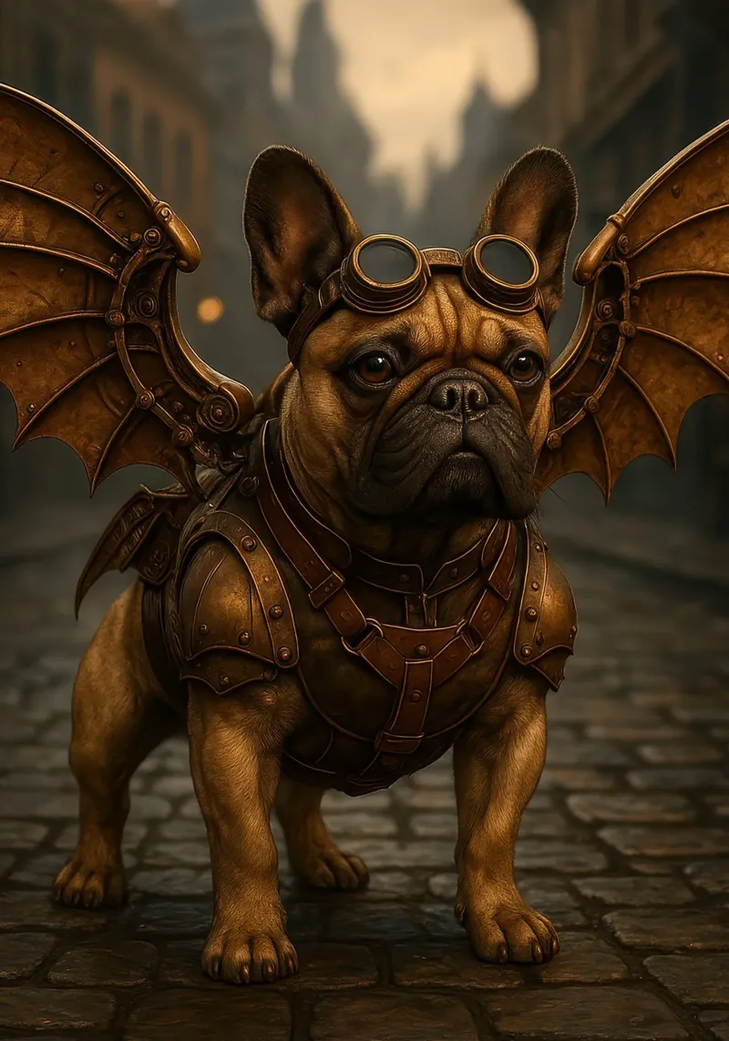 Steampunk buldog met mechanische vleugels canvas met Baklijst van pixelbull - medieval art and more