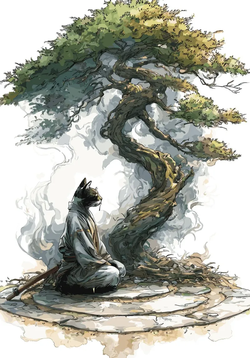 Gatto samurai in meditazione sotto un bonsai poster da pixelbull - medieval art and more
