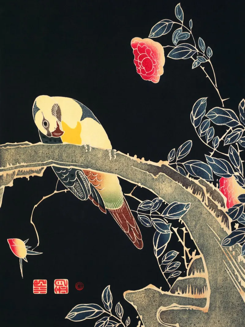 Parrot on the Branch of a Flowering Rose Bush poster con telaio in plastica da vintageshop