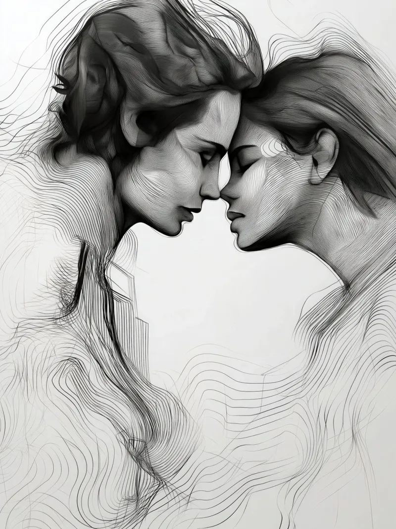 Il bacio | Dichiarazione grafica d'amore in bianco e nero poster con telaio in legno da Autofocus