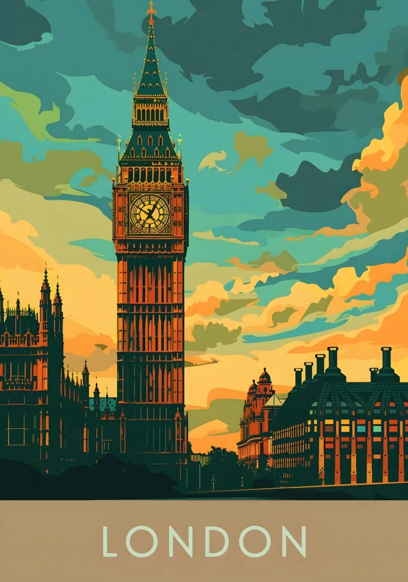 Big Ben, Londra Regno Unito Poster di viaggio d'epoca tela con Cornice a cassetta da homdeco