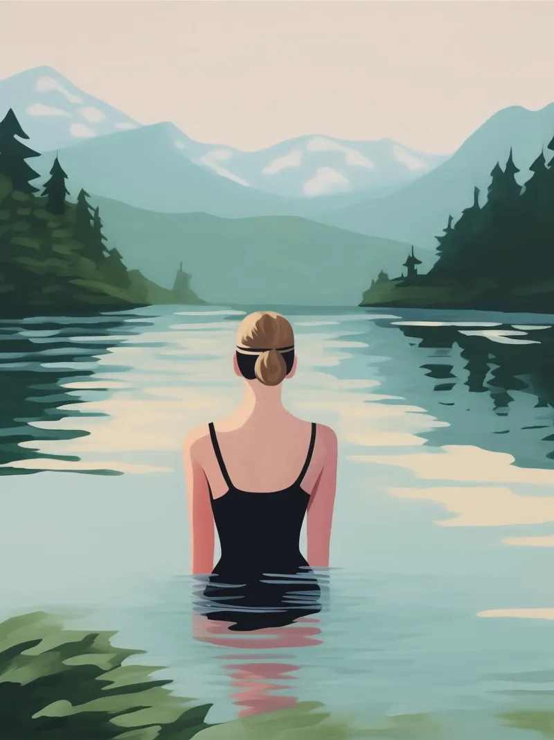 Acque tranquille | Donna in un lago di montagna autunnale tela con Cornice a cassetta da Autofocus