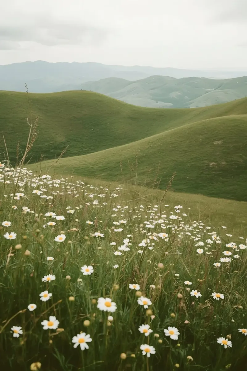 Campo di margherite con colline ondulate pellicola backlit da DesignDoodle