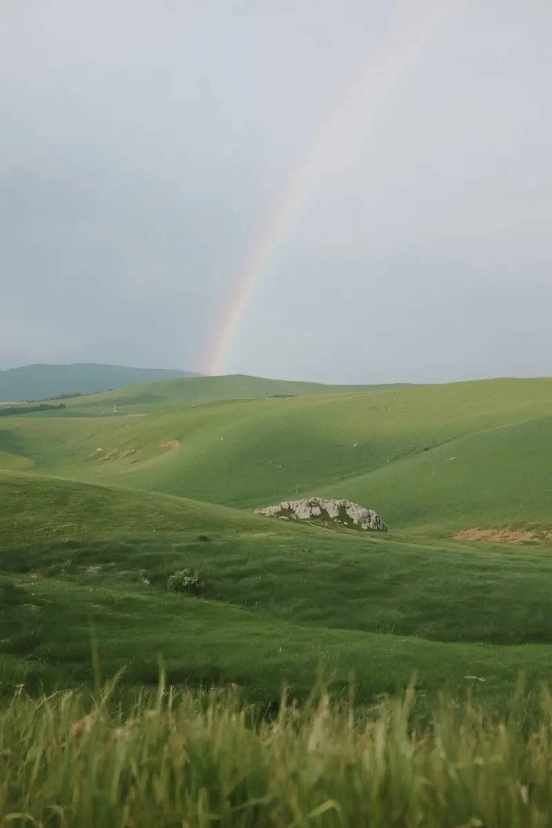 Colline verdi con arcobaleno e rocce pellicola backlit da DesignDoodle