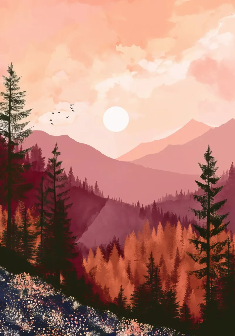 Sunset Over Pine Forest and Mountains in Warm Autumn Colors pellicola backlit da Dune