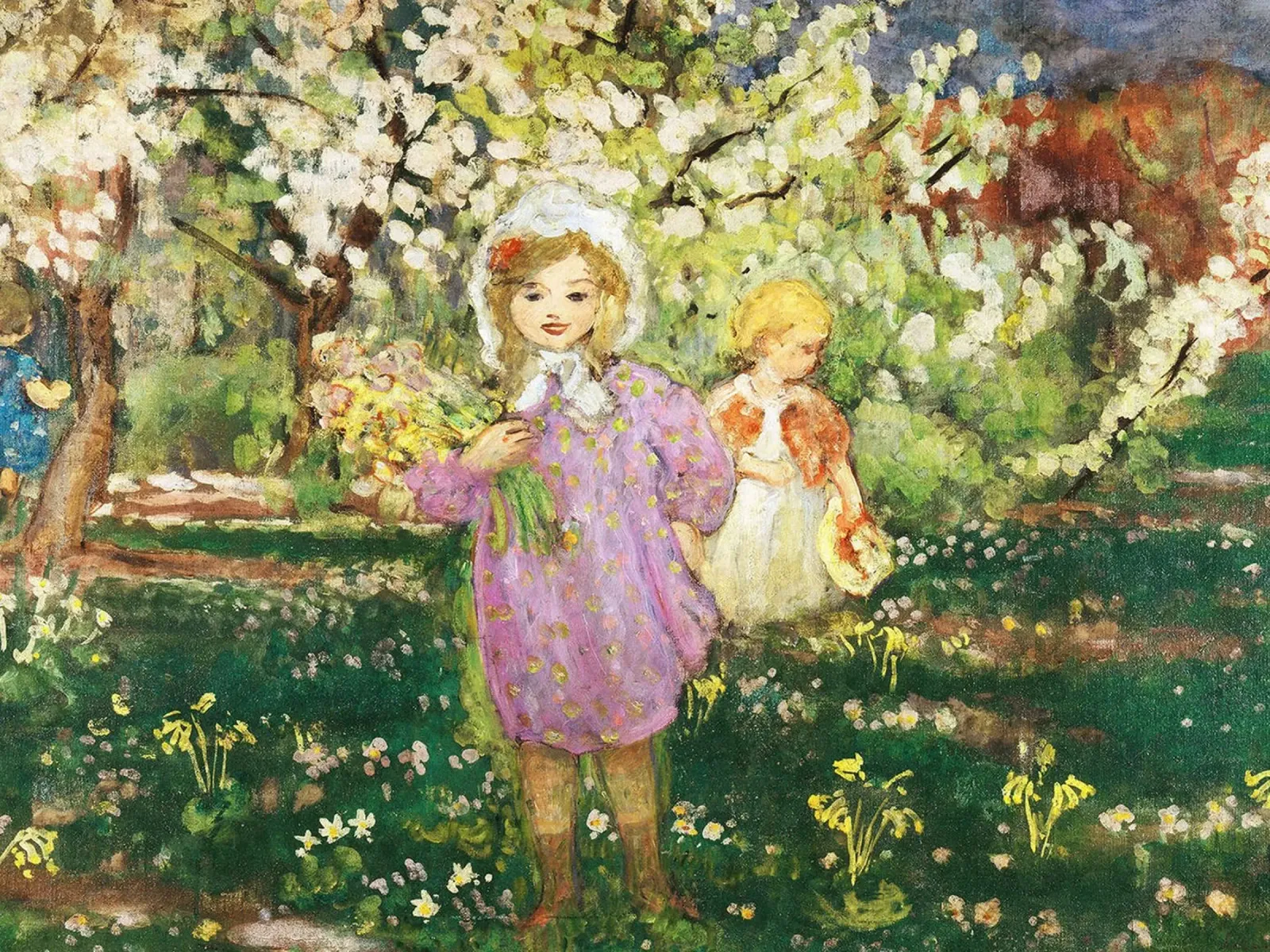 Bambini in un frutteto in fiore alluminio dibond da Joan