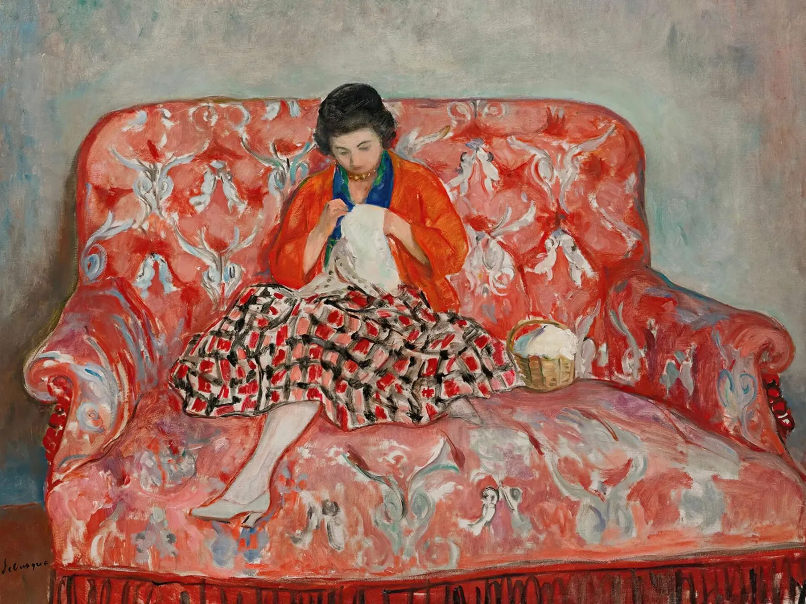Giovane ragazza che cuce su un divano di Henri Lebasque pellicola backlit da Joan