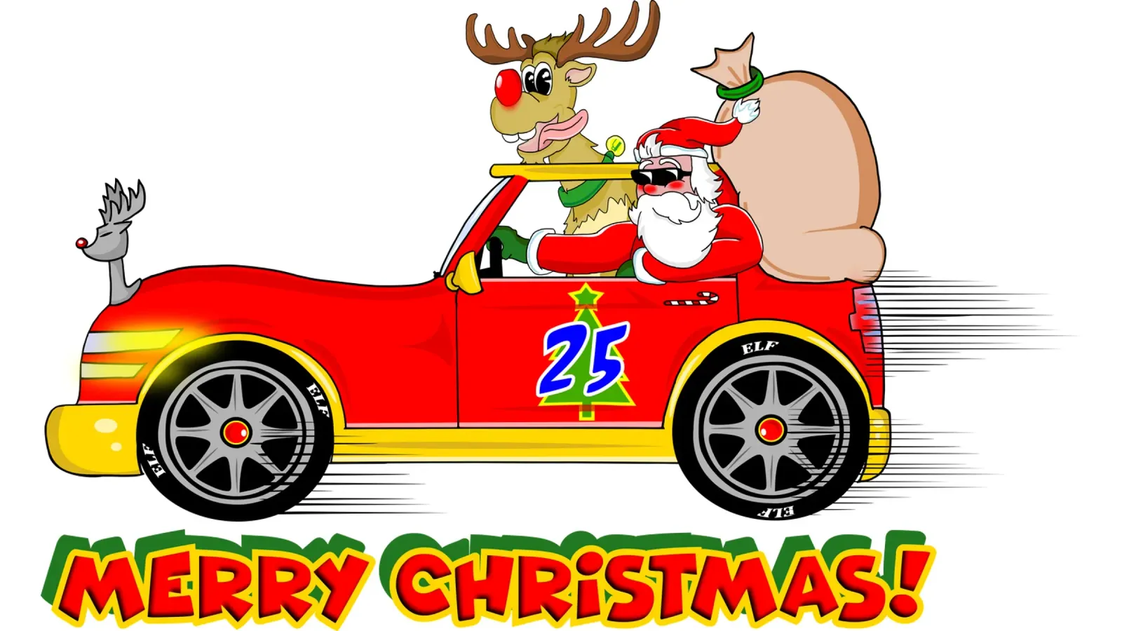 Buon Natale, fresco e divertente Babbo Natale Super Car Cartoon poster con telaio in alluminio da sillyindustries