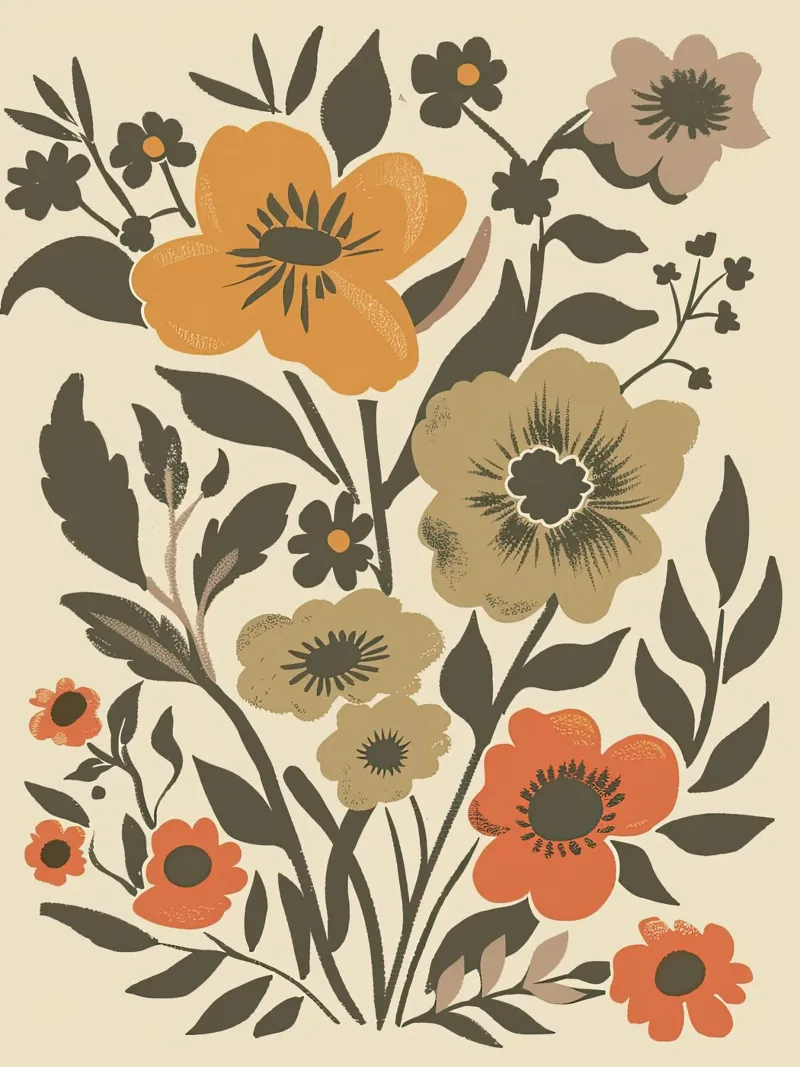 Retro Bloom Folk Art Print - Warmes & erdiges Blumendesign Hahnemühle von ClubArt
