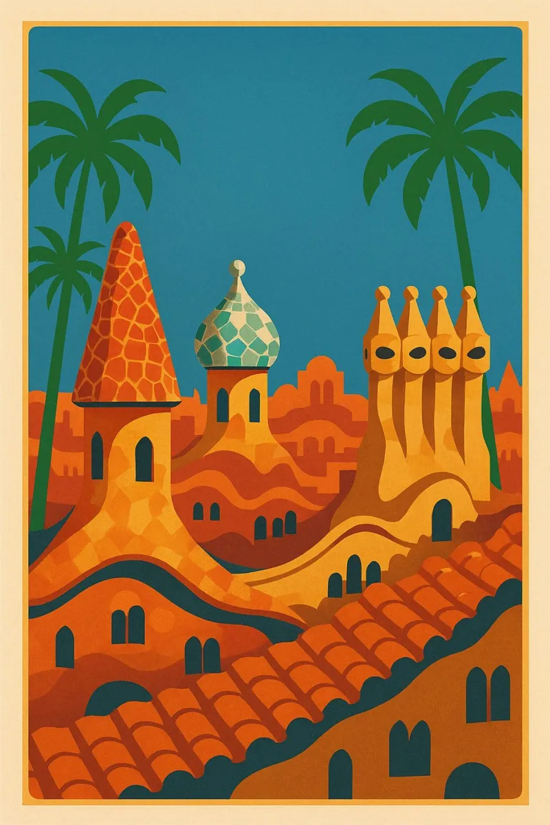 Barcelona's sunny rooftops : Mediterranean art canvas by JETLAG | affiches voyage