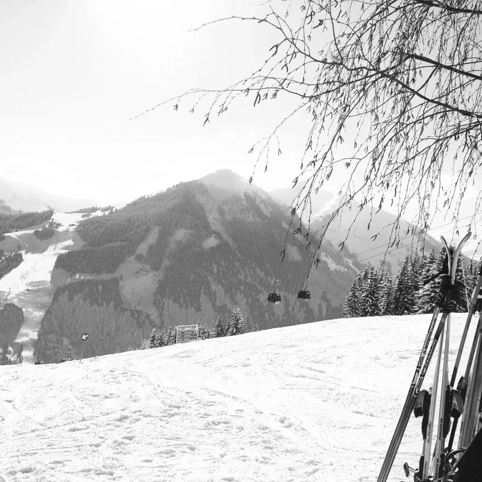Paesaggio innevato di Saalbach, gondola e sci, bianco e nero, pellicola backlit da Winter Studio