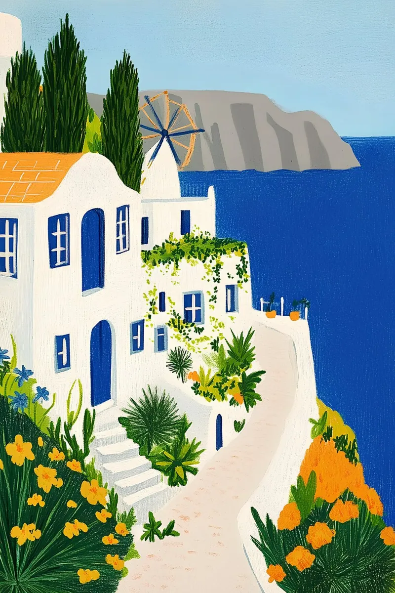 Santorini con fiori gialli pellicola backlit da Curious Canvas