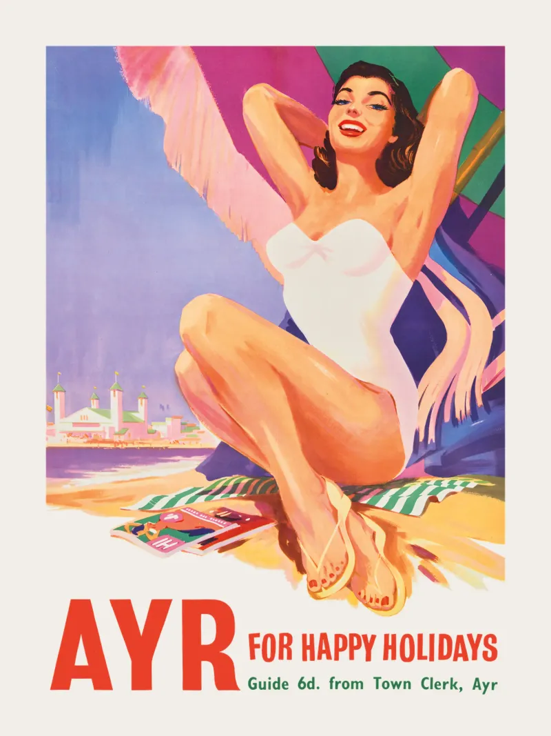 Poster di viaggio britannico d'epoca con ragazza pin-up pellicola backlit da Vintagrafica